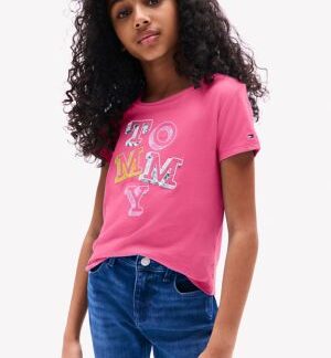 Tommy hilfiger tricou roz cu logo cu paiete